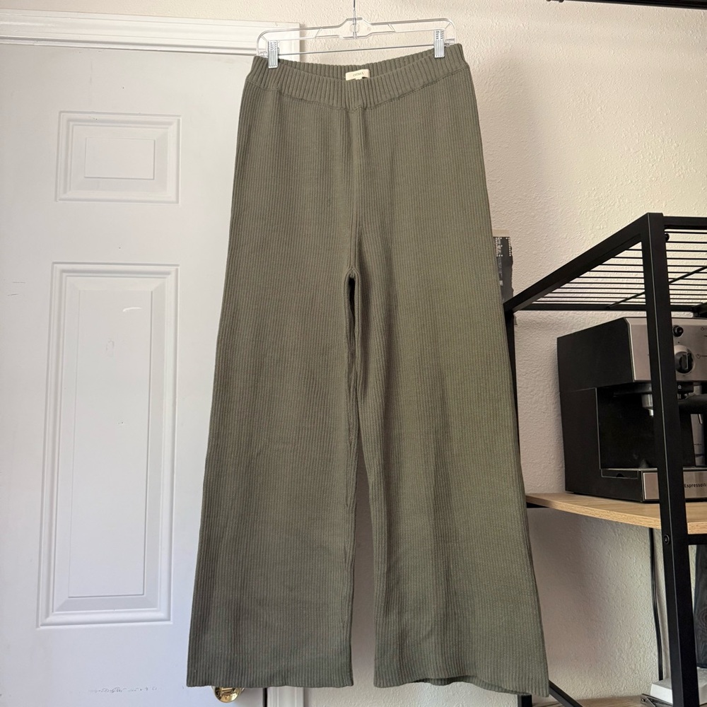 Ozma Ribbed Wide-Leg Knit Pants - Olive Green 100% Organic Cotton
